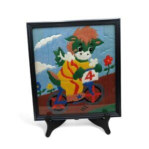DRAGON on Bicycle NEEDLEPOINT Framed in Black Wood Frame 10.7 x 9.5" Vintage